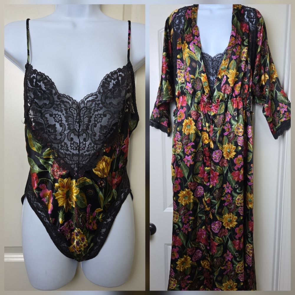 Vtg 1980s Vanity Fair Floral Shiny Satin Set Bodysuit Robe Glossy Lace Size M 34